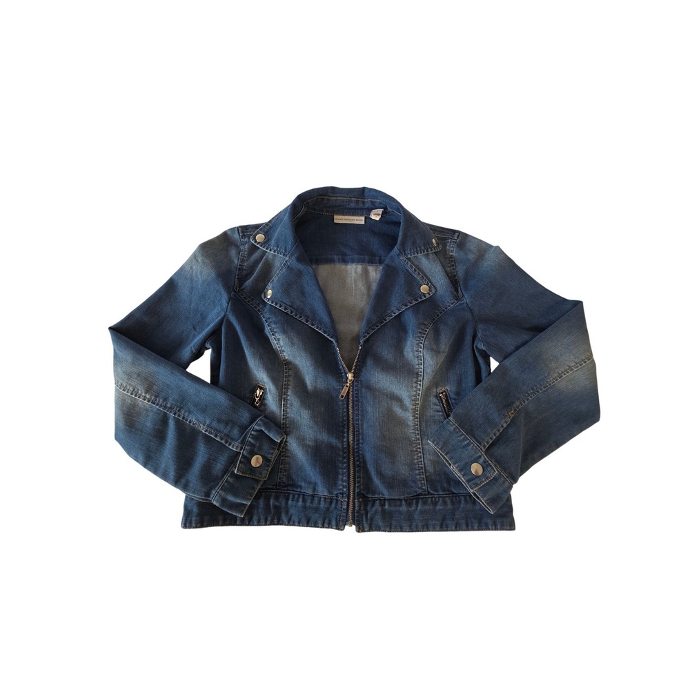Denim Moto Jean Jacket Cropped Stretch XL Blue Wash‎ Edgy Chicos Medium